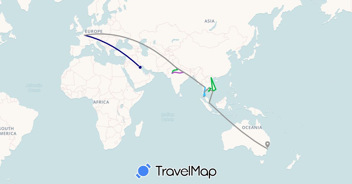 TravelMap itinerary: driving, bus, plane, train, boat in Australia, France, India, Cambodia, Kuwait, Singapore, Thailand, Vietnam (Asia, Europe, Oceania)